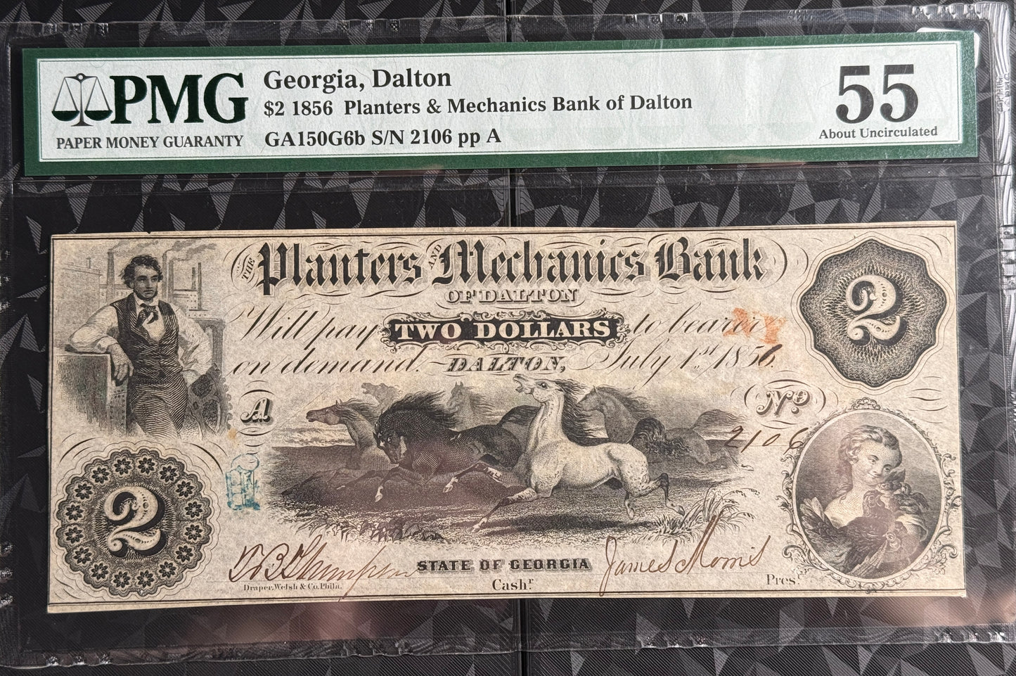 1856 Dalton, Georgia Planters and Mechanics Bank of Dalton $2 Obsolete Bank Note PMG 55