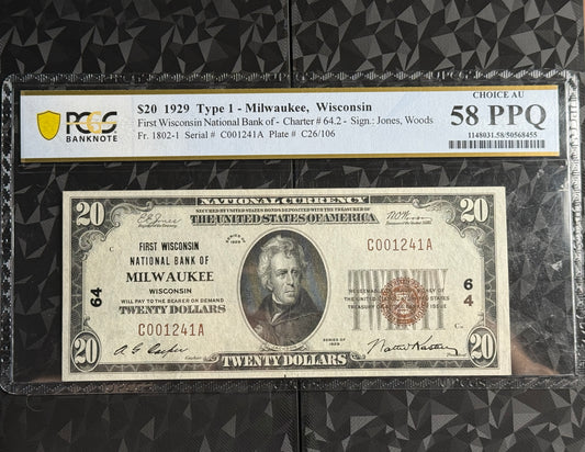 1929 Type 1 Milwaukee, Wisconsin $20 National Currency Note PCGS 58 PPQ