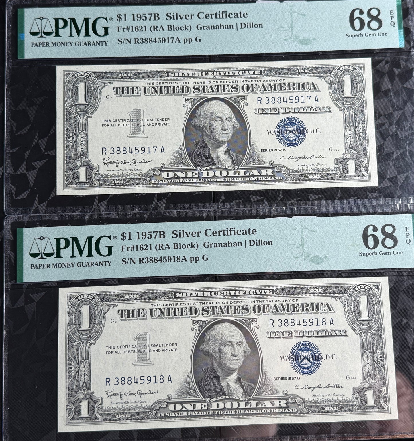 $1 silver certificate Consecutive Superb Gem Uncirculated 1957B Fr # 1621 PMG 68 EPQ