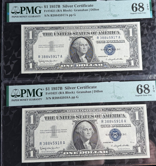 $1 silver certificate Consecutive Superb Gem Uncirculated 1957B Fr # 1621 PMG 68 EPQ