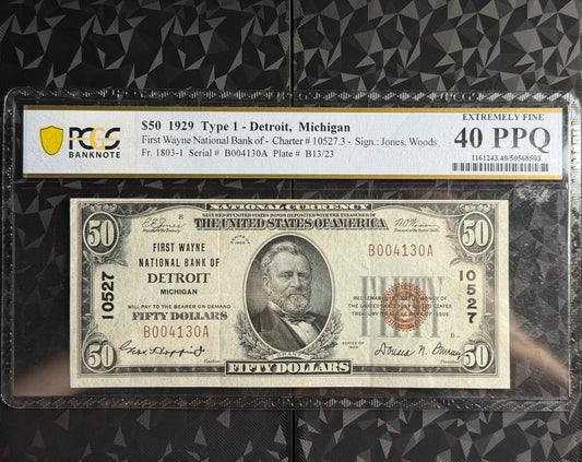 $50 1929 Type 1 Detroit, Michigan National Bank Note PCGS EF 40 PPQ