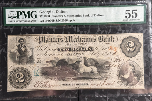 1856 Dalton, Georgia Planters and Mechanics Bank of Dalton $2 Obsolete Bank Note PMG 55